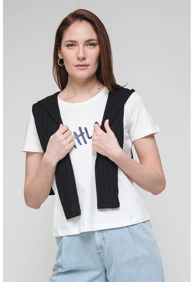 Tricou de bumbac organic cu decolteu rotund, Alb optic/Bleumarin