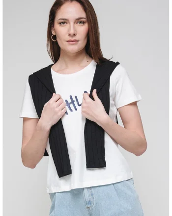 Tricou de bumbac organic cu decolteu rotund, Alb optic/Bleumarin