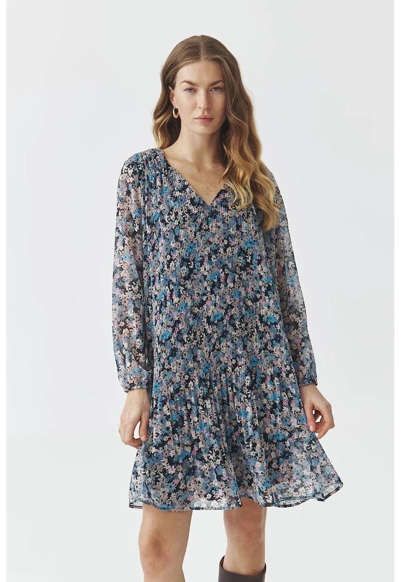 Rochie cu decolteu in V si model floral, Roz/Bleumarin