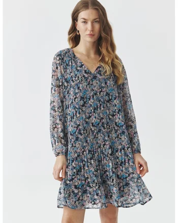 Rochie cu decolteu in V si model floral, Roz/Bleumarin