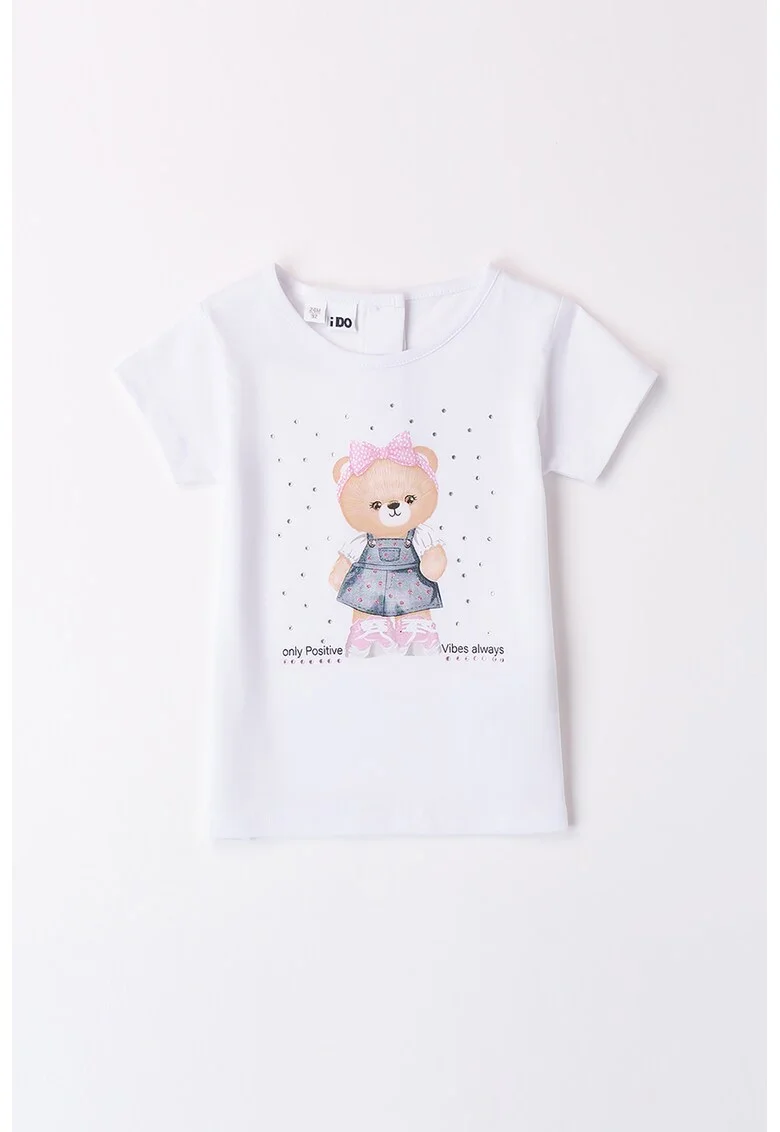 Tricou cu imprimeu cu ursulet, Albastru prafuit/Alb optic/Bej deschis