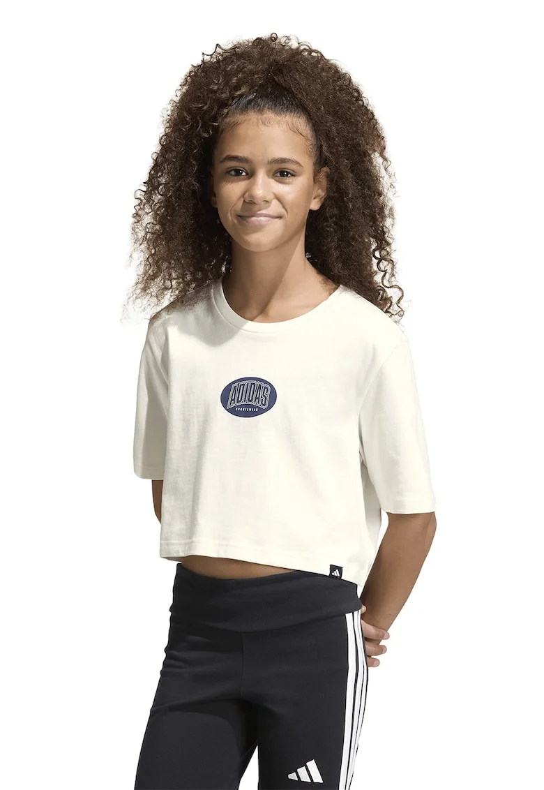 Tricou crop cu logo, Alb fildes, Albastru indigo,