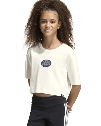 Tricou crop cu logo, Alb fildes, Albastru indigo,