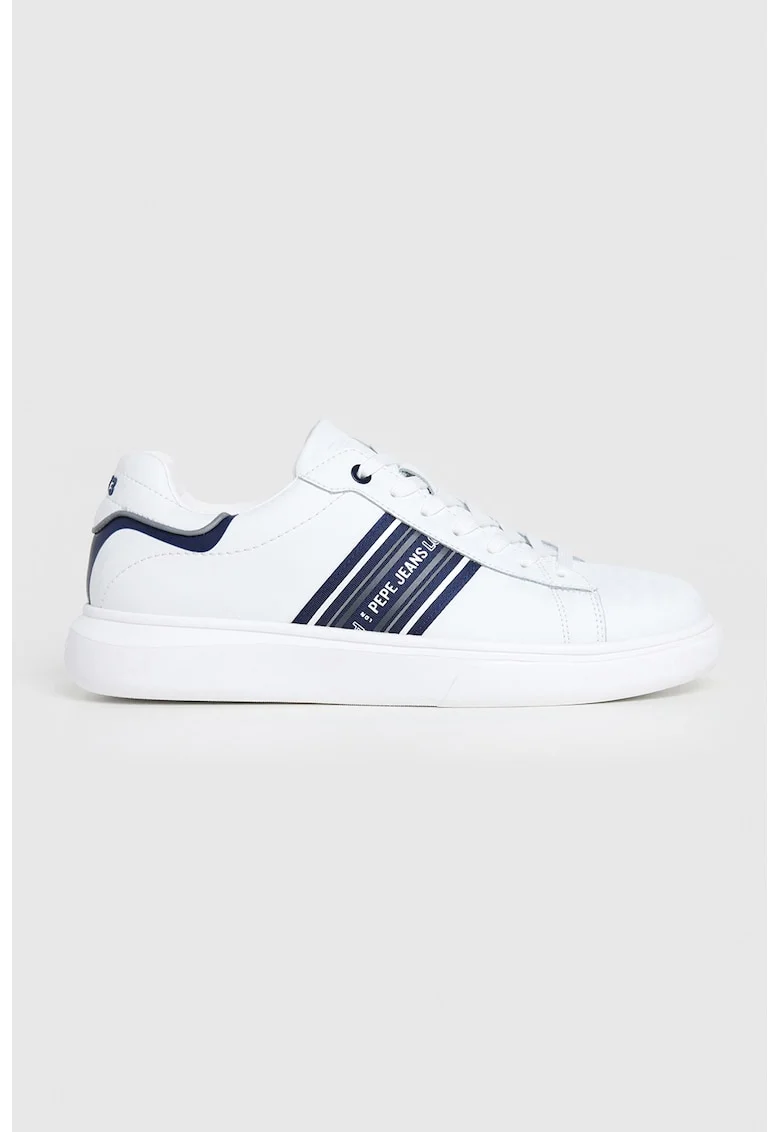 Pantofi sport din piele cu logo, Alb murdar/Bleumarin
