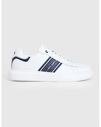 Pantofi sport din piele cu logo, Alb murdar/Bleumarin