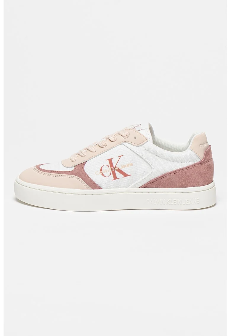 Pantofi sport cu insertii din piele intoarsa, Alb/Roz