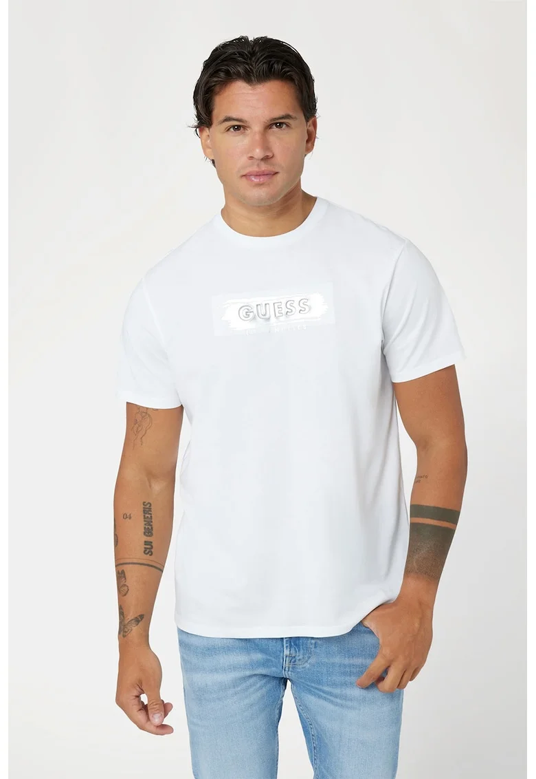 Tricou cu imprimeu si decolteu la baza gatului, Alb optic