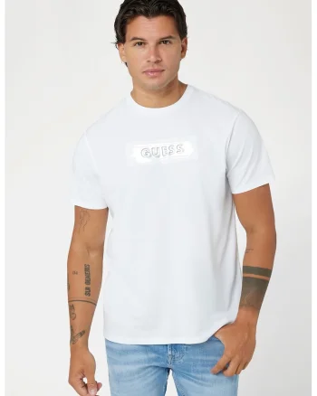 Tricou cu imprimeu si decolteu la baza gatului, Alb optic