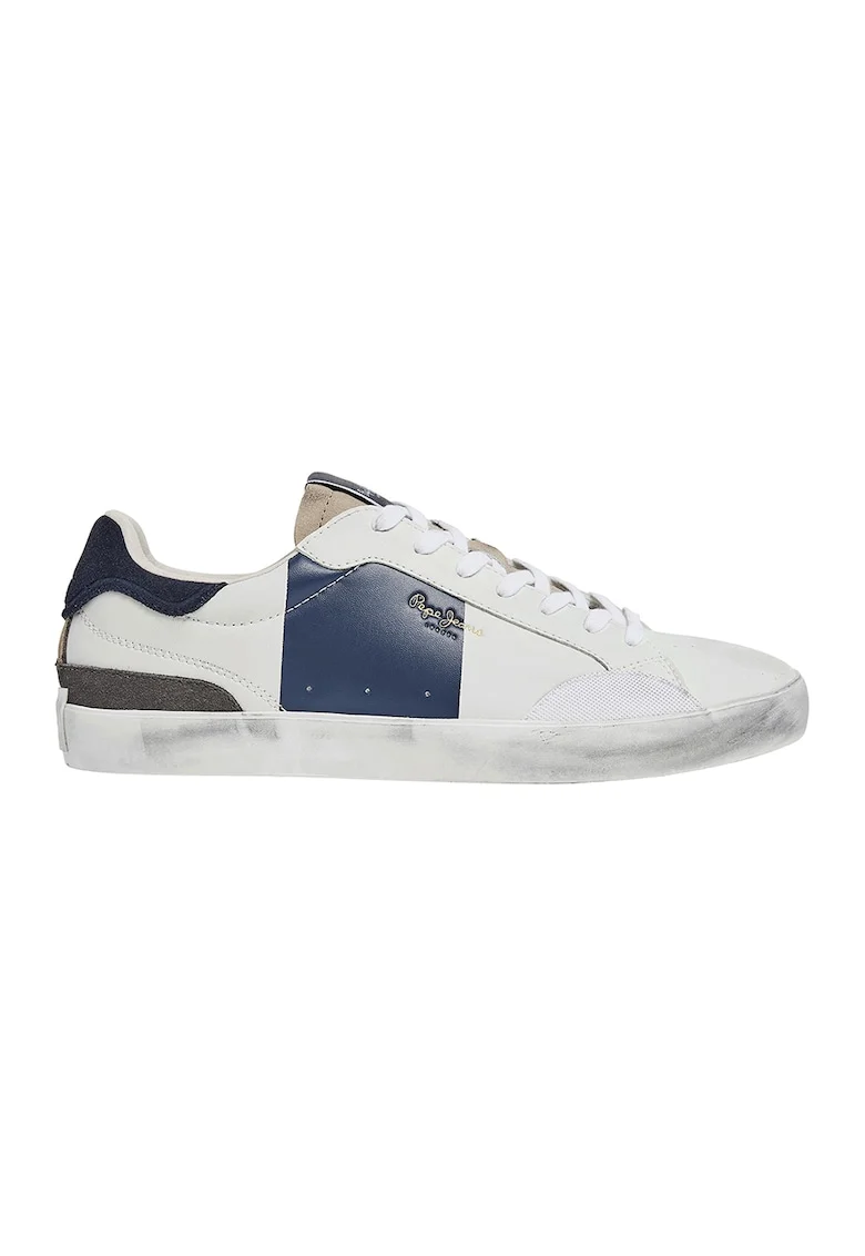 Pantofi sport de piele peliculizata cu detalii de piele intoarsa, Alb optic/Bleumarin