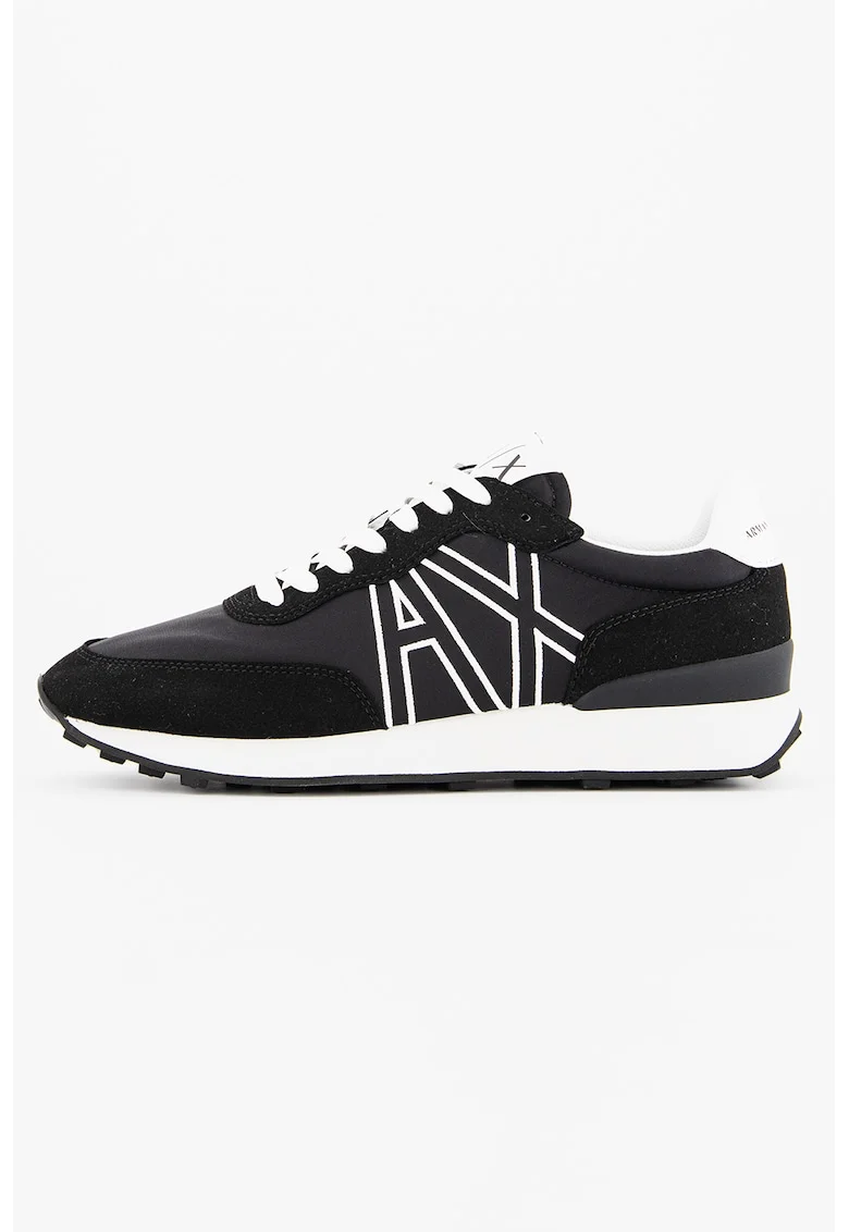 Pantofi sport low-top cu garnituri din piele intoarsa sintetica, Negru