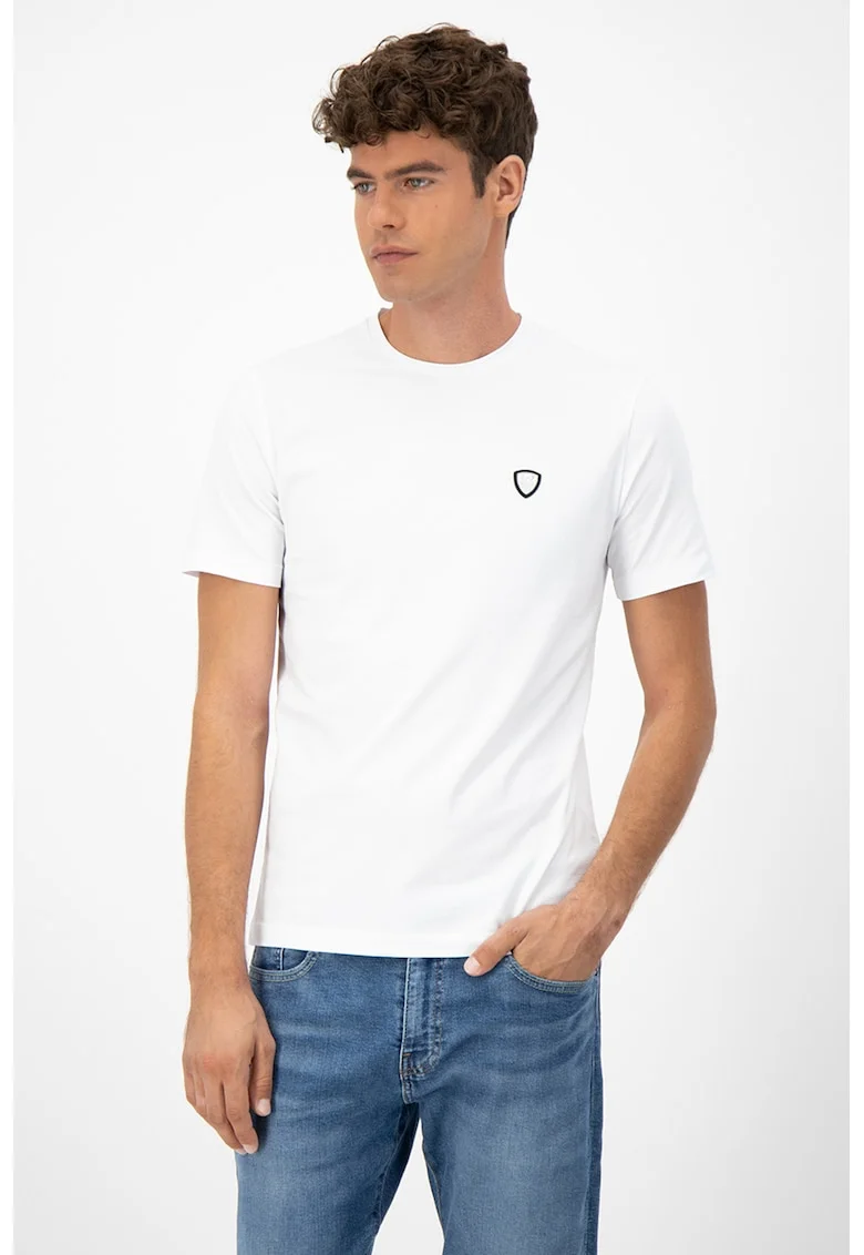 Tricou cu decolteu la baza gatului si aplicatie logo pe piept, Alb