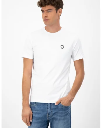 Tricou cu decolteu la baza gatului si aplicatie logo pe piept, Alb