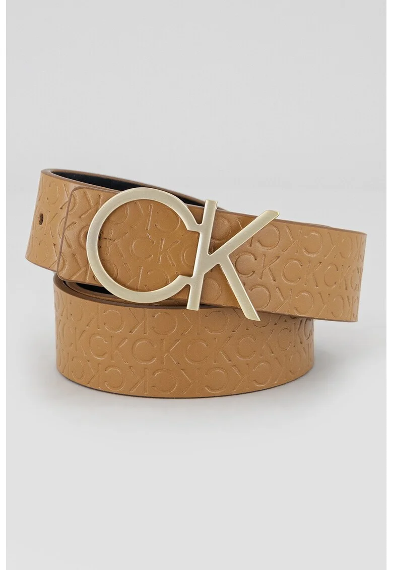 Curea de piele cu logo stantat, Caramel