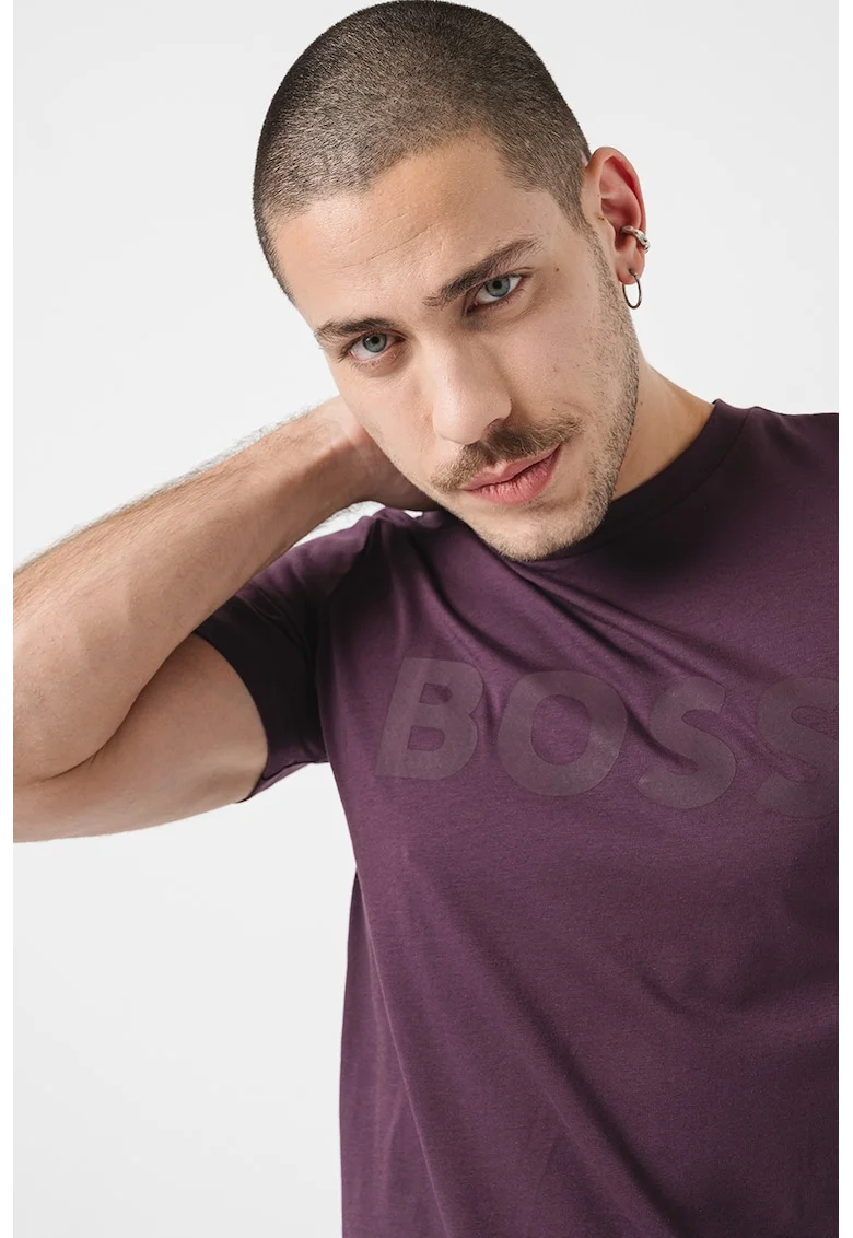 Tricou regular fit cu imprimeu logo cauciucat Thinking, Violet aubergine