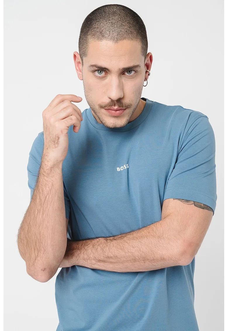 Tricou cu decolteu la baza gatului si logo discret, Albastru inchis melange