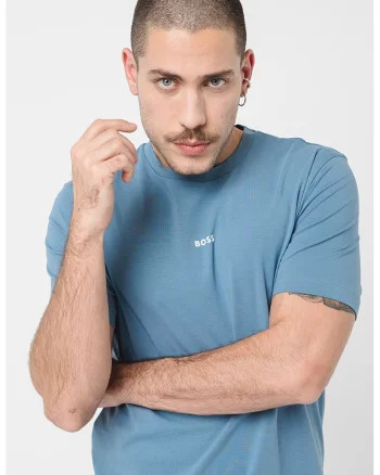 Tricou cu decolteu la baza gatului si logo discret, Albastru inchis melange