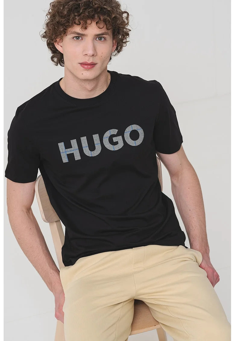 Tricou de bumbac cu model logo, Albastru pastel/Negru/Alb murdar