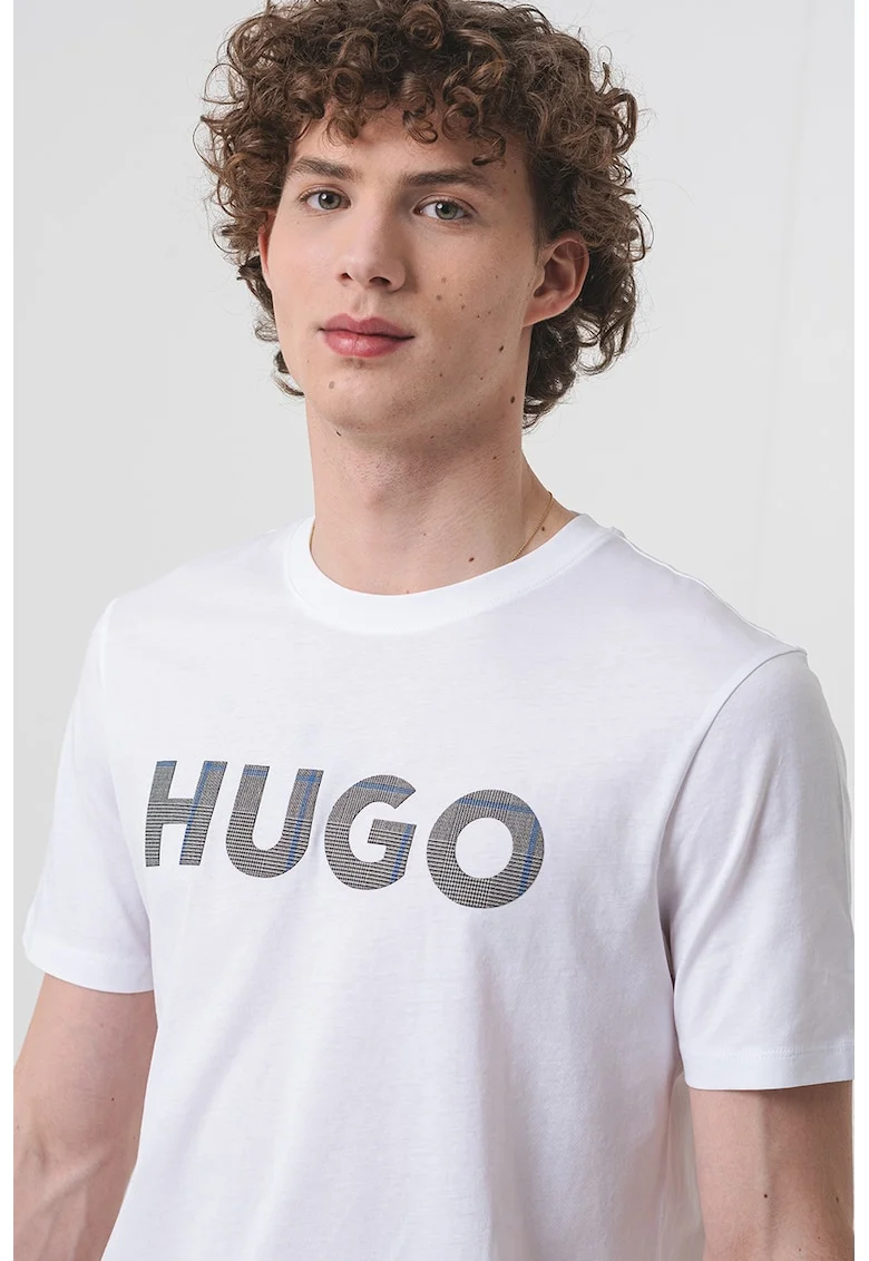 Tricou de bumbac cu model logo, Negru/Alb optic/Albastru