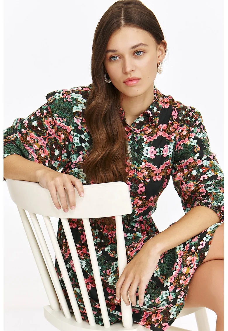 Rochie scurta cu model floral, Negru/Roz pastel/Verde pal
