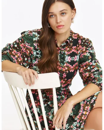Rochie scurta cu model floral, Negru/Roz pastel/Verde pal