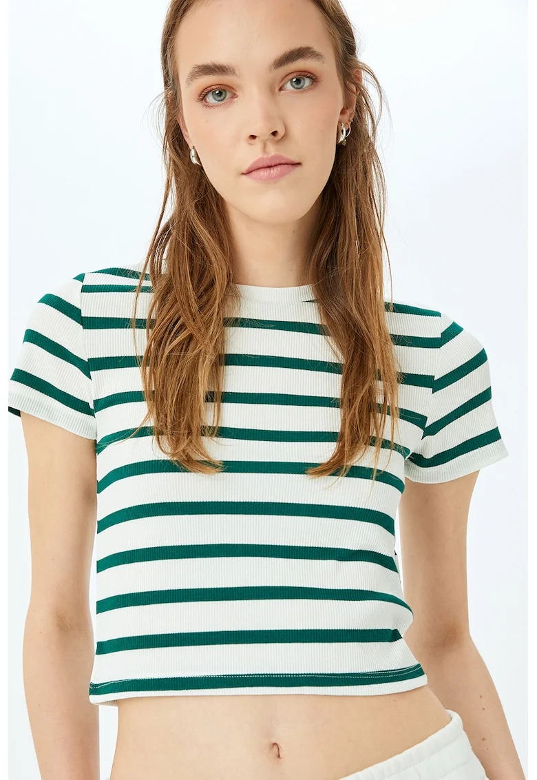 Tricou cu decolteu la baza gatului si imprimeu in dungi, Alb/Verde