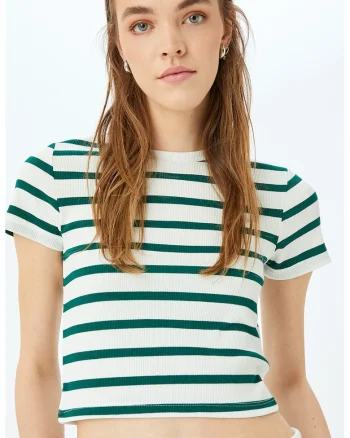 Tricou cu decolteu la baza gatului si imprimeu in dungi, Alb/Verde