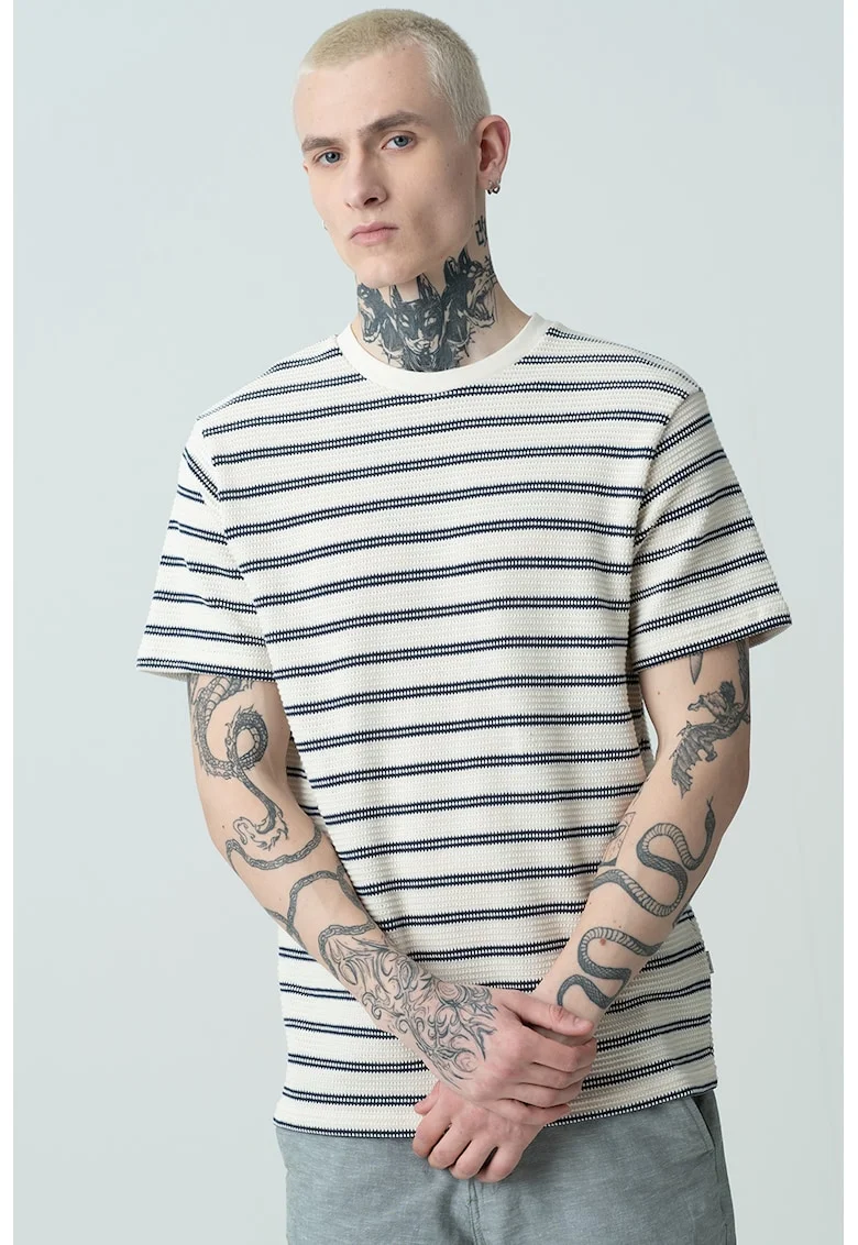 Tricou regular fit din bumbac cu model in dungi, Alb murdar/Bleumarin