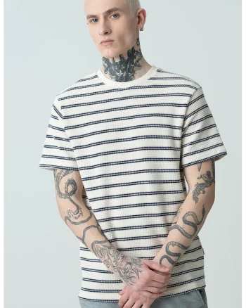 Tricou regular fit din bumbac cu model in dungi, Alb murdar/Bleumarin