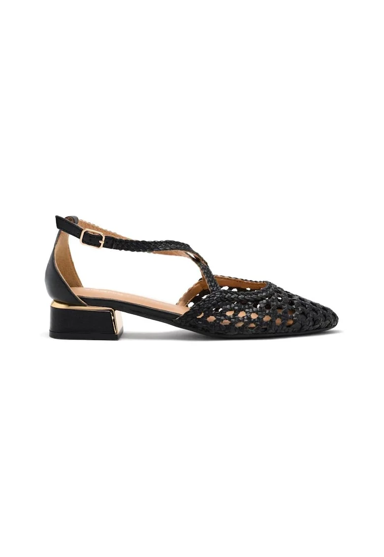 Pantofi din piele cu varf ascutit si model impletit, Negru