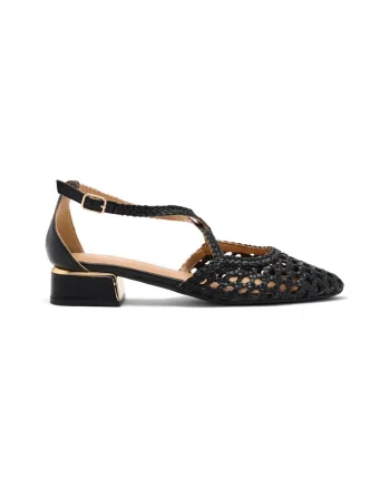 Pantofi din piele cu varf ascutit si model impletit, Negru