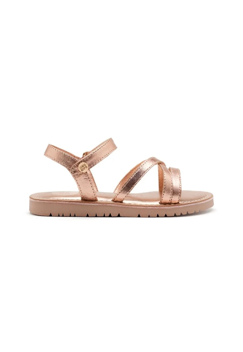 Sandale din piele cu inchidere velcro si model uni, Auriu rose