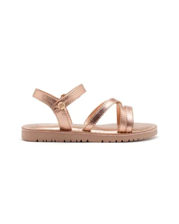 Sandale din piele cu inchidere velcro si model uni, Auriu rose