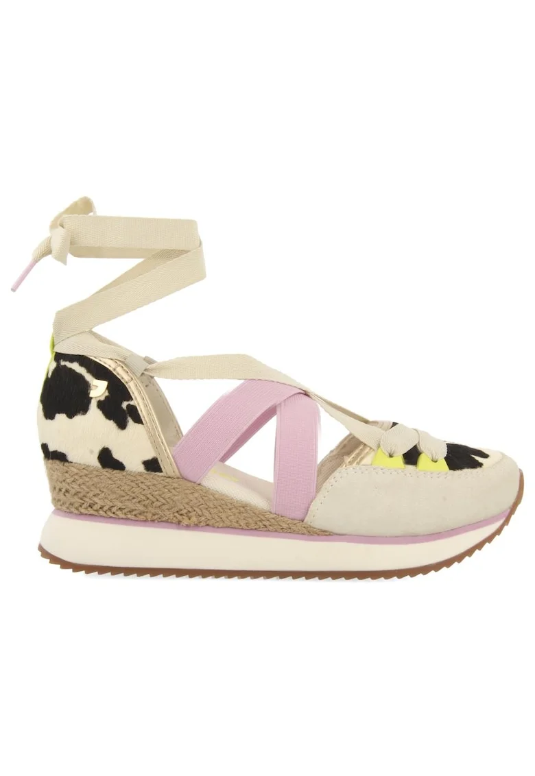 Pantofi cu talpa wedge si insertii din piele intoarsa, Maro inchis/Maro nisip
