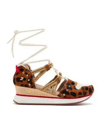 Pantofi cu talpa wedge si piele cu par scurt, Maro inchis/Maro nisip