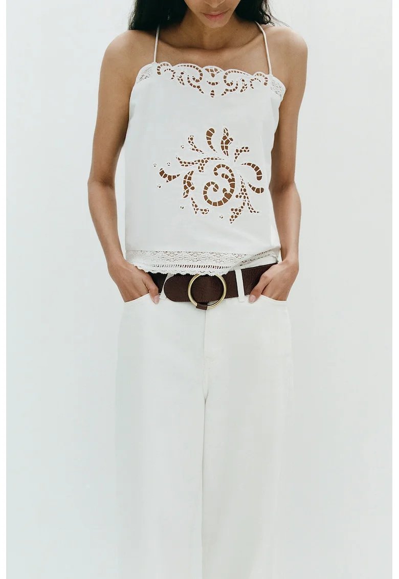 Top de bumbac cu decupaje decorative, Alb