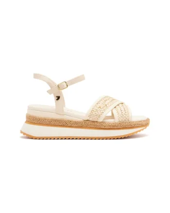 Sandale cu talpa wedge si catarama, Bej deschis