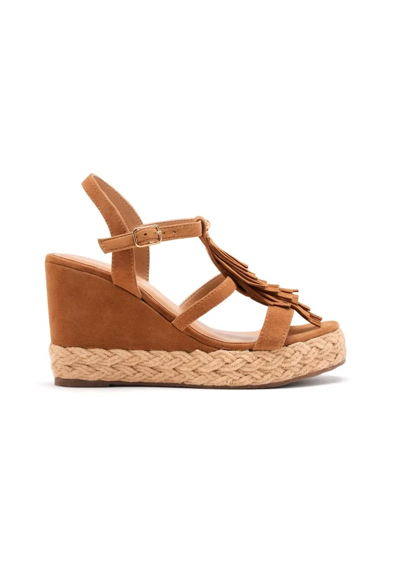 Sandale wedge de piele cu franjuri, Caramel