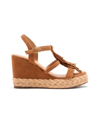 Sandale wedge de piele cu franjuri, Caramel