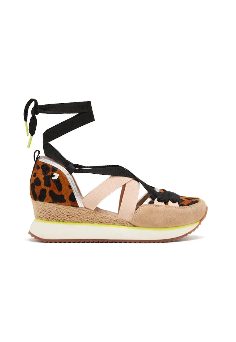Pantofi cu talpa wedge si insertii din piele intoarsa, Maro inchis/Negru/Maro nisip
