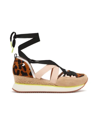 Pantofi cu talpa wedge si insertii din piele intoarsa, Maro inchis/Negru/Maro nisip