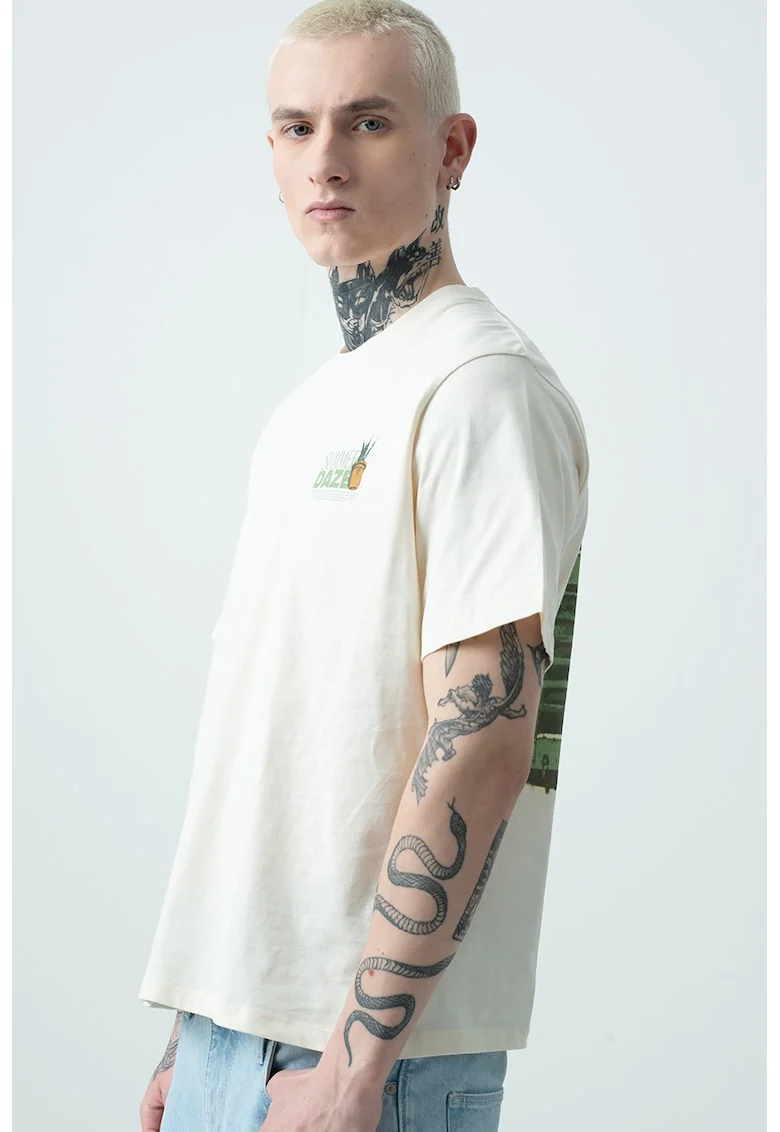 Tricou cu imprimeu pe partea din spate Valley, Galben pai/Verde aquamarin/Crem
