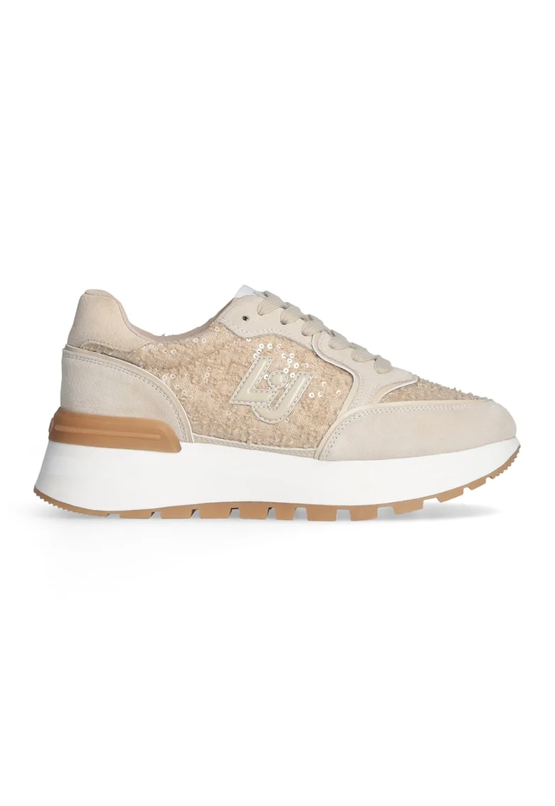 Pantofi sport din piele si material textil cu detaliu logo, Bej