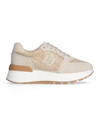 Pantofi sport din piele si material textil cu detaliu logo, Bej