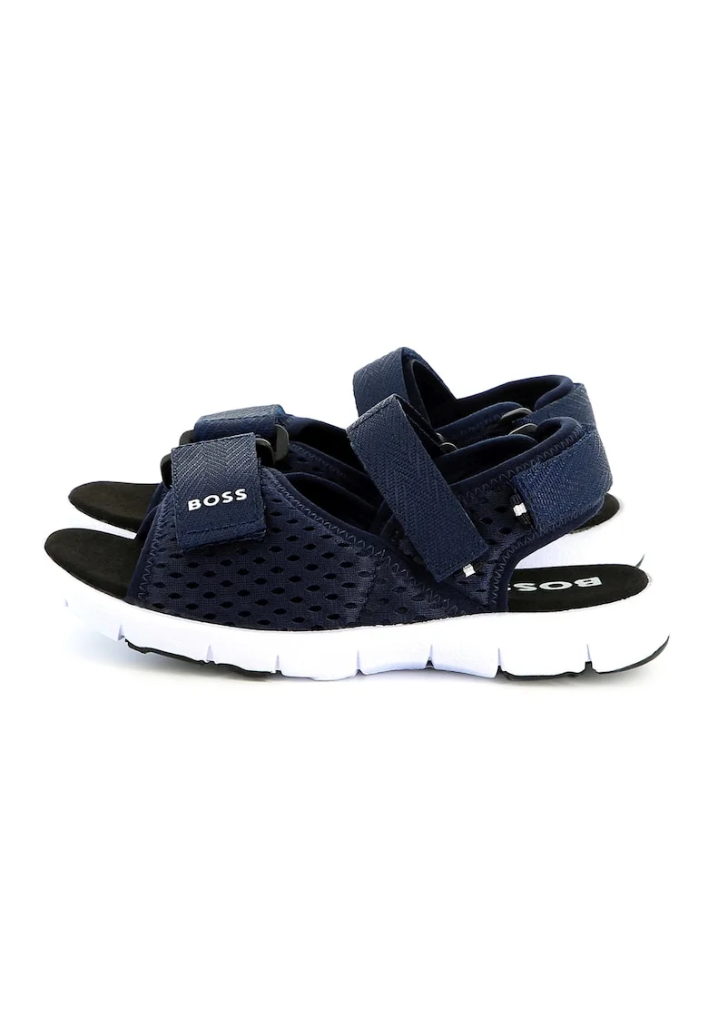 Sandale cu inchidere velcro si detalii logo, Bleumarin
