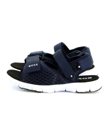 Sandale cu inchidere velcro si detalii logo, Bleumarin