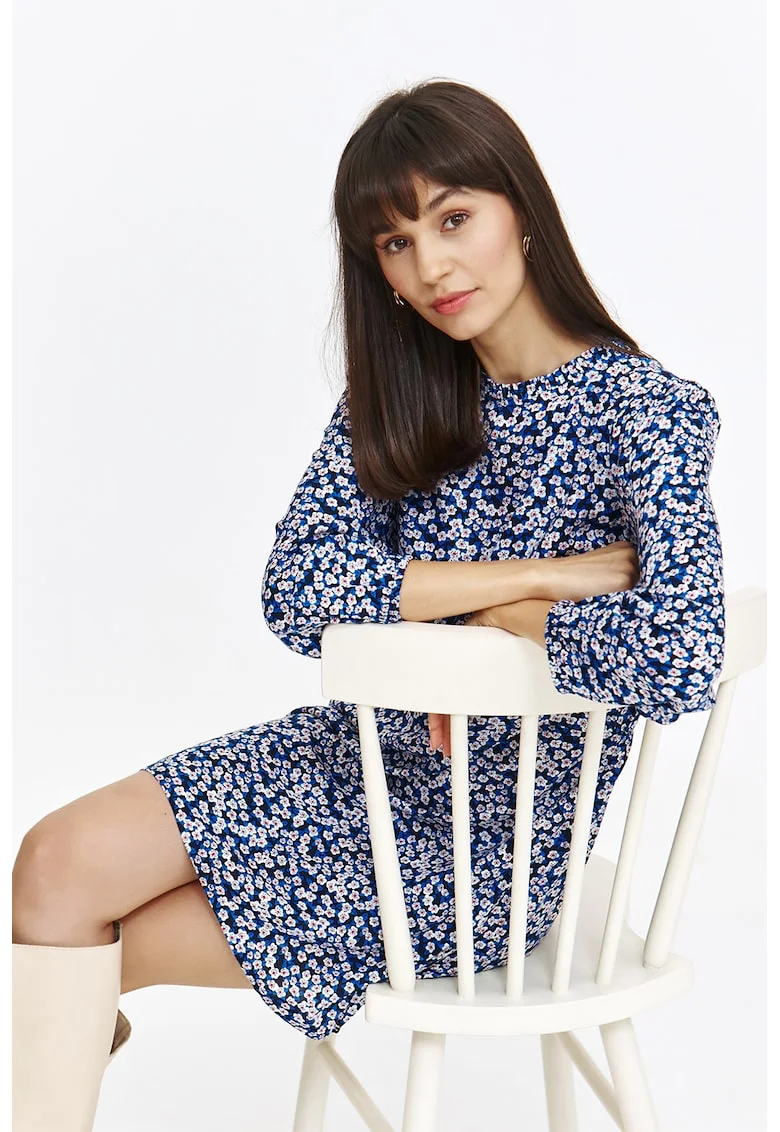 Rochie cu maneci lungi si imprimeu floral, Albastru pastel/Lila