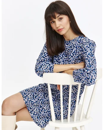 Rochie cu maneci lungi si imprimeu floral, Albastru pastel/Lila