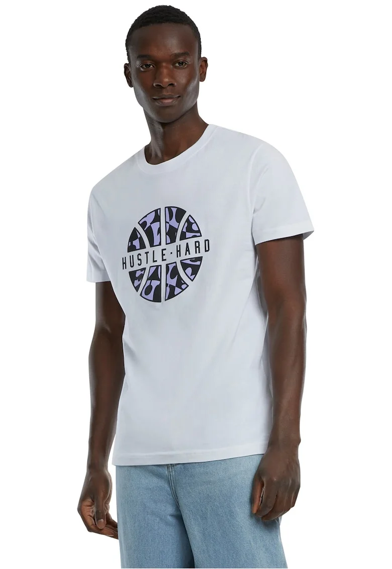 Tricou cu imprimeu si decolteu la baza gatului, Negru/Violet deschis/Alb murdar
