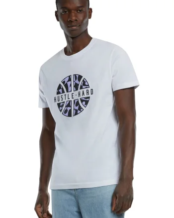 Tricou cu imprimeu si decolteu la baza gatului, Negru/Violet deschis/Alb murdar