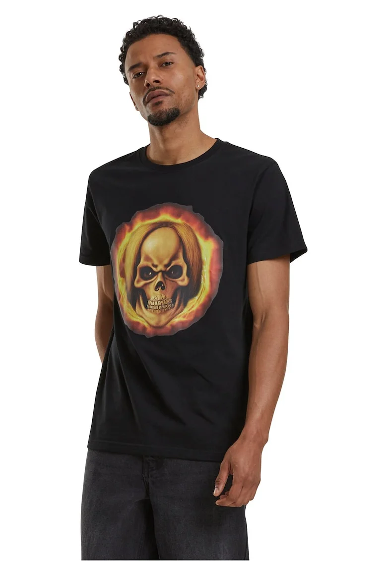 Tricou cu imprimeu grafic si decolteu la baza gatului, Galben/Negru stins/Portocaliu inchis